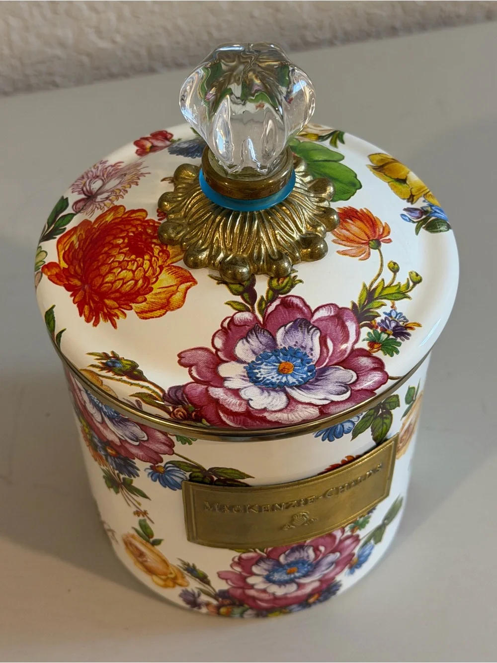 MacKenzie-Childs Small Canister White Floral Market with HTF Blue Ring